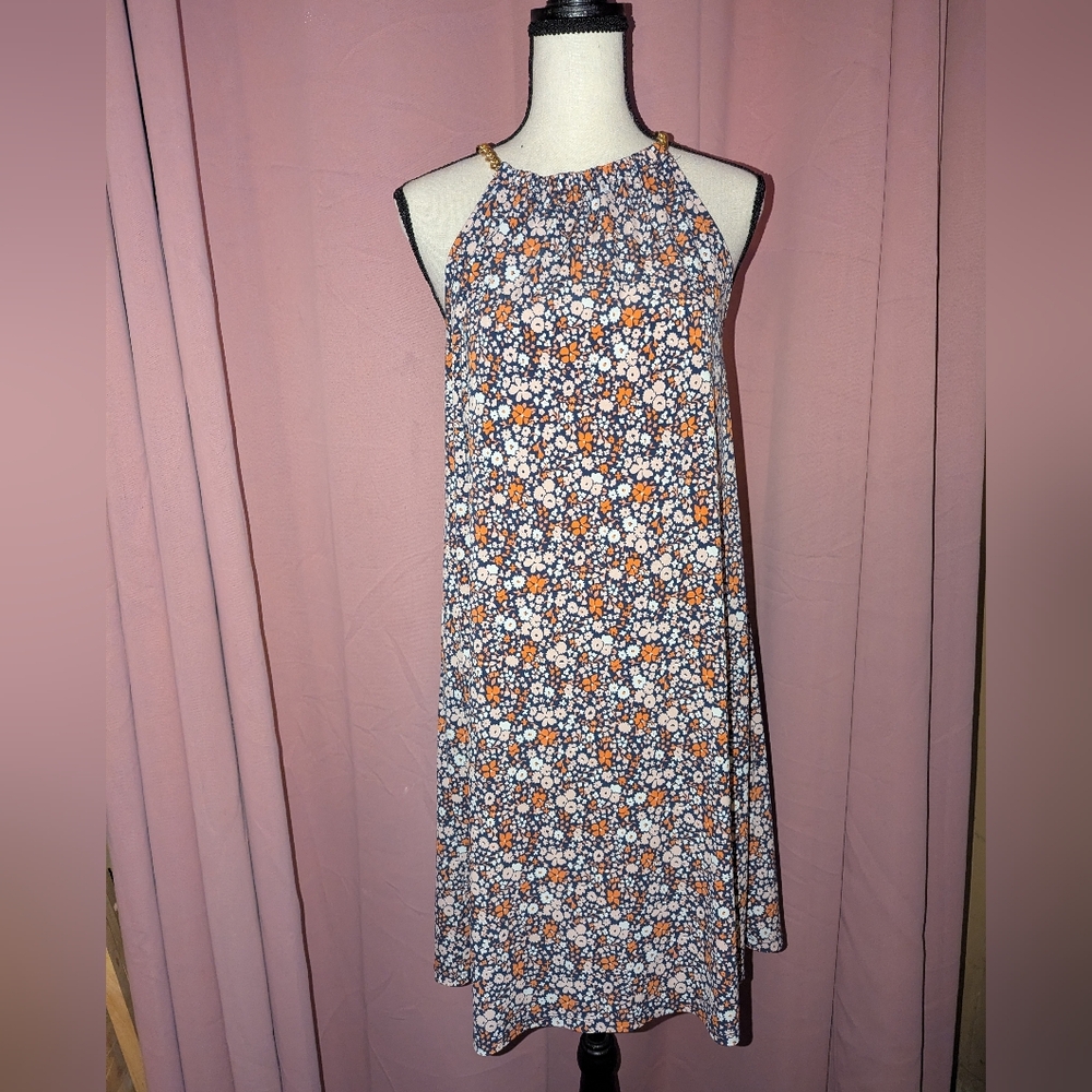MICHAEL KORS Floral Halter Mini Dress with Gold Neck Chain Detail S